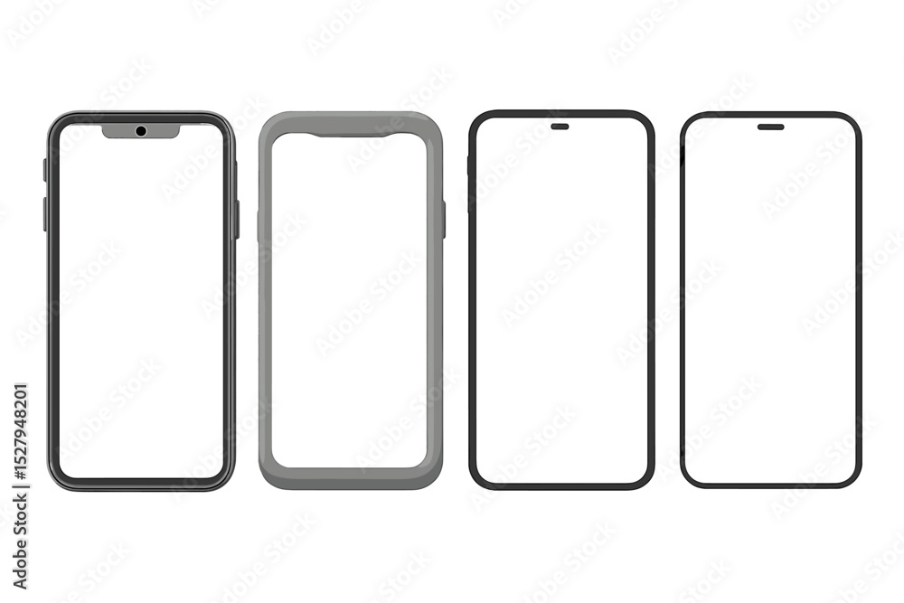 Poster modern smartphone devices isolated on white background showcasing different case styles and screen d