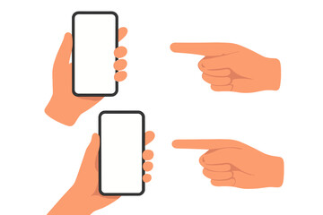 Hands hold smartphones with blank screens and a hand points right