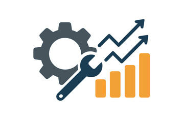 Gear with wrench, rising bar chart, and arrows indicate performance improvement