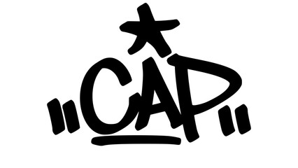 Graffiti tag text "Cap" in bold urban handstyle. Street art lettering with casual and sporty flair. Vector design perfect for fashion, merch, accessories, and streetwear graphics.
