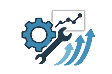 Cartoon vector showing gear, wrench, chart, and arrows for business growth success