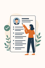 Woman with big pencil writing resume. Job seeker crafting a professional CV for an application. Human resources, recruitment, and hiring concept. Successful career and employment.