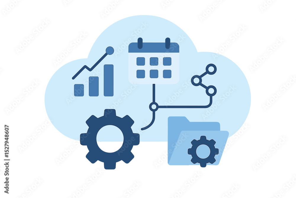 Poster cloud computing system showing calendar, data, and settings with connection