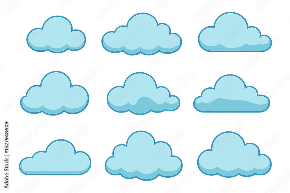 Poster collection of different cartoon cloud shapes for weather and design purposes in vector format