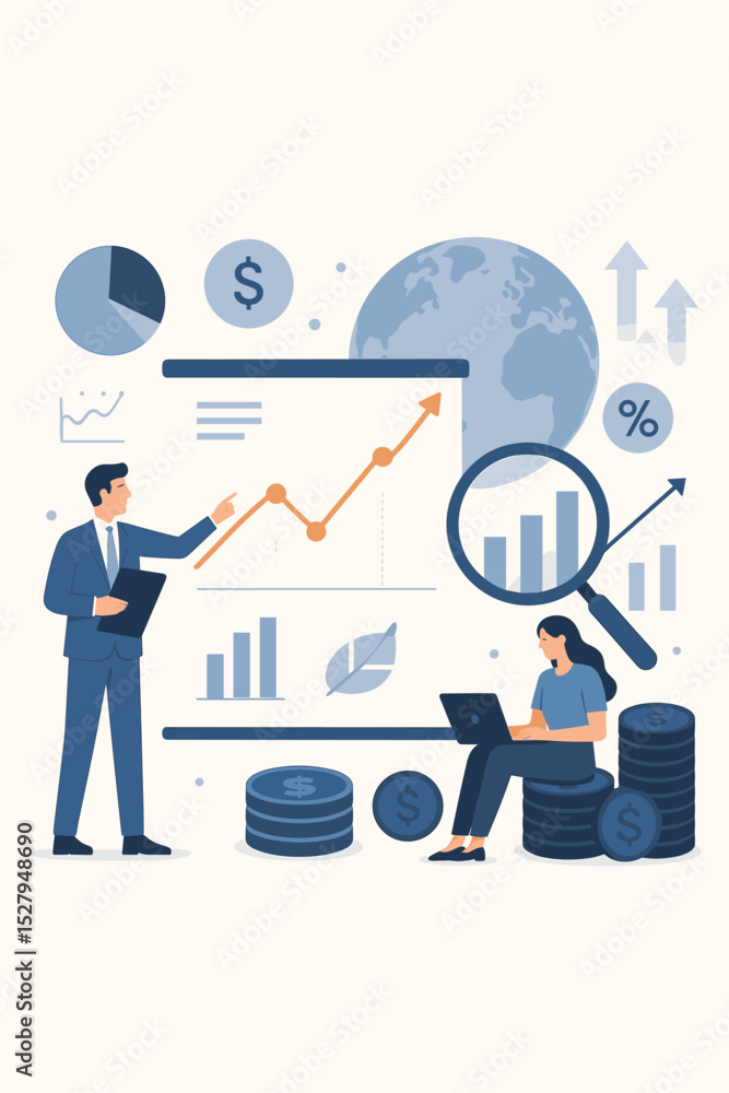 Poster financial analysis and business presentation vector illustration. team working on data visualization