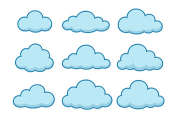 Collection of different cloud shapes in vector format, light blue outlined illustration isolated