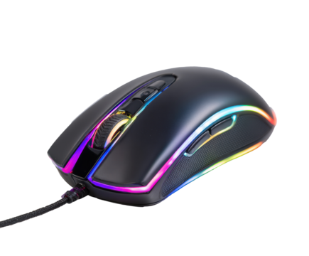Colorful gaming mouse for enhanced performance in eSports on a transparent background, cut out