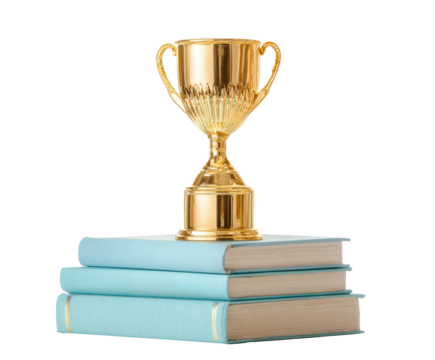 Golden trophy on stack of blue books for academic achievement on a transparent background, cut out