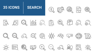 Search set of web icons in line style. Magnifying glass linear icon collection. Containing SEO, Digital marketing, data analysis, management, investigate, find and more. Editable stroke