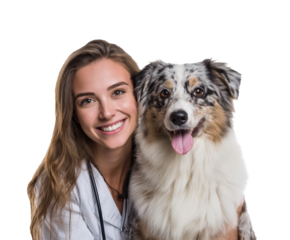 Caring veterinarian smiles with her friendly dog companion