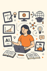 Smart learning innovation concept with woman studying online. E-learning and educational technology with AI. Student at laptop for remote education, webinar, online course vector.