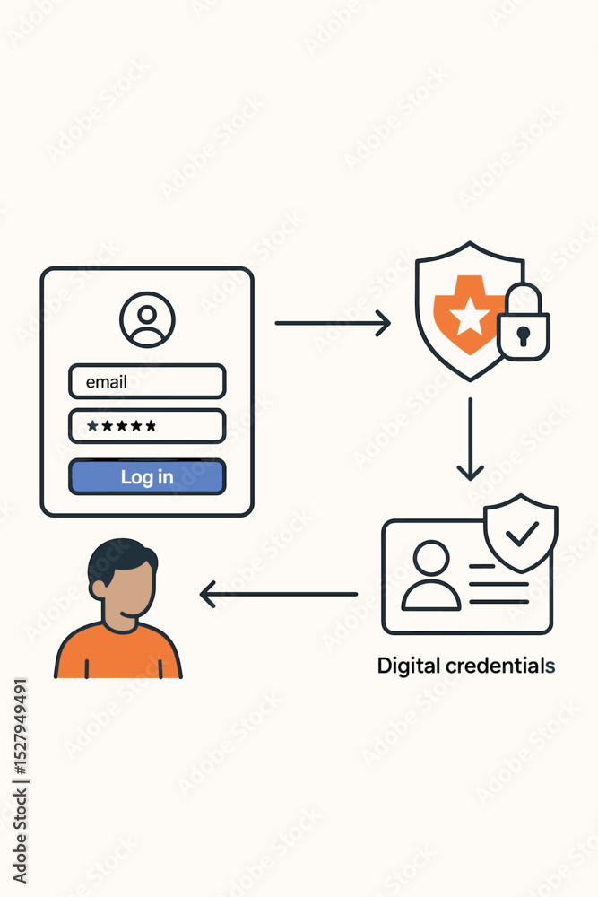 Poster secure user authentication process and login workflow diagram. concept of cybersecurity, data protec