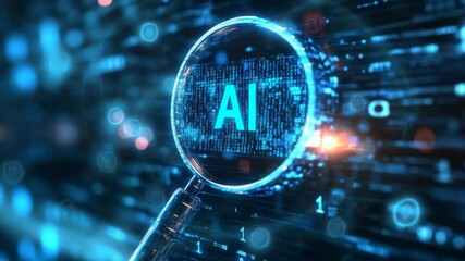 Magnifying glass over glowing AI letters with binary code in digital blue background, concept of artificial intelligence and data analysis - Powered by Adobe