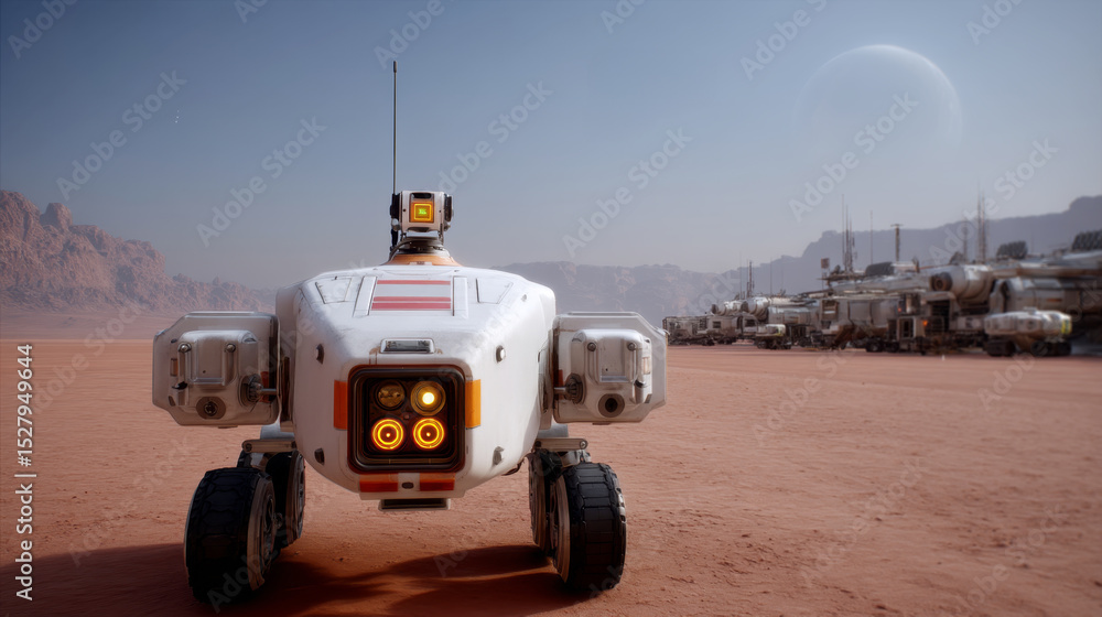 Poster A remote-controlled robot stands ready on a red planet's surface, surrounded by futuristic vehicles. It is equipped for exploration and searching for signs of life in this vast alien landscape.