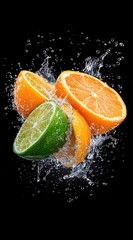 Vibrant Citrus Explosion: Fresh Lemons and Limes Splashing in Water Against a Dark Background Captured in Stunning Detail