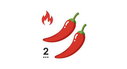 Flat vector spicy level 2 icon with two red chili peppers and flame symbol. Ideal for food labels, spicy menus, hot sauce packaging, and infographics