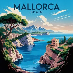 Vibrant Vintage Mallorca Travel Poster: Coastal Serenity & Mediterranean Charm