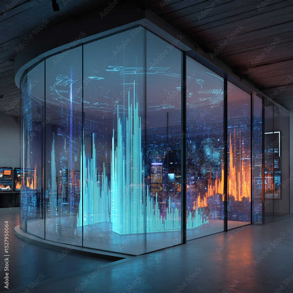 Poster a futuristic display of data visualization in a glass enclosure with a city skyline background view