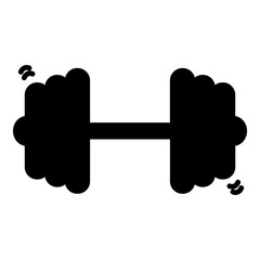 Solid icon depicting a classic dumbbell, with a central bar connecting two weight plates. The edges of the weight plates have a slightly rough or textured appearance, and subtle irregular shapes exten