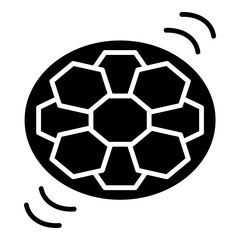 Obraz premium Solid icon depicting a classic soccer ball, featuring its characteristic hexagonal and pentagonal panel pattern in outline on a filled black sphere. Small, curved lines emanate from the top right and