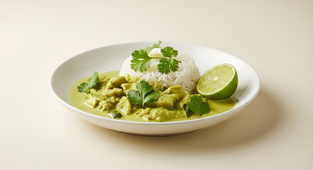 Savory green curry with tender chicken and fluffy rice is presented on a white plate, garnished with fresh cilantro and a bright lime wedge, offering a tasty Asian cuisine experience.