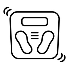  Line art representation of a modern weighing scale. The design showcases an outlined square form with rounded corners, containing detailed foot shape indicators and a rectangular display area. Minima