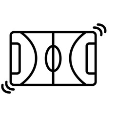 Line art illustration of a rectangular sports field layout. The design precisely outlines boundary lines, a central dividing line, and a mid-court circle. Semi-circular zones are distinctly marked at 