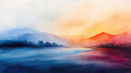 serene watercolor landscape featuring mountains and tranquil lake at sunset.