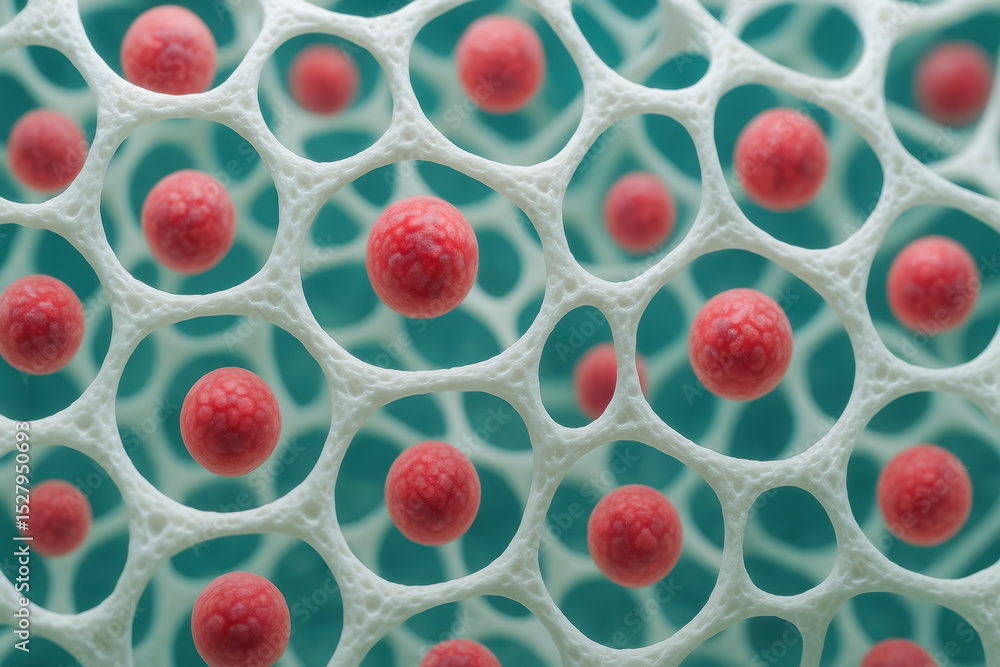 Aufkleber bioengineering innovation is represented by 3d structure with red spheres enclosed white porous netw