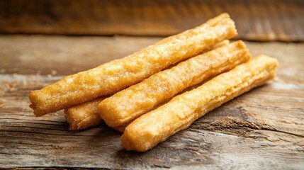 Four golden-brown, crispy, fried dough sticks on a rustic wooden table.