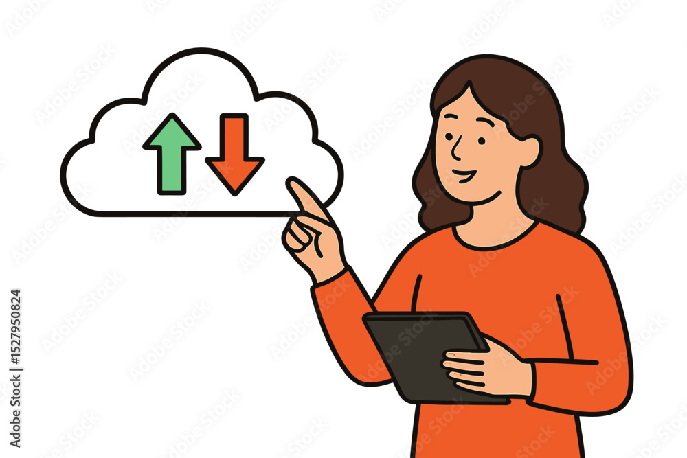 Poster woman holding tablet pointing to cloud computing icon with upload and download arrows in cartoon vec