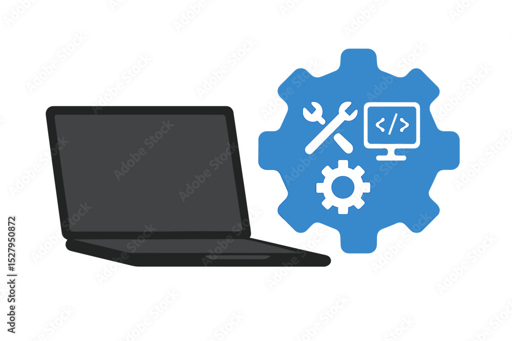 Poster laptop computer with a cogwheel, wrench, screwdriver, and monitor displaying code symbols for softwa