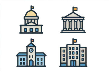 Cartoon vector icons presenting government buildings, university, and museum on white background