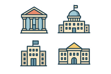 Cartoon vector illustration icon showing four different government buildings isolated on white