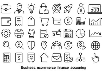 Set of various linear icons for business, E-commerce, finance, accounting, marketing strategy and other concepts
