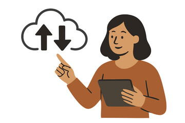 Woman uses tablet pointing at cloud upload download icon vector isolated cartoon