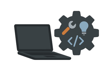 Laptop and cogwheel symbolize software development and technical support cartoon vector illustration