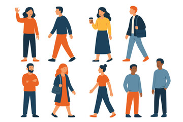Diverse group of people walking and standing, vector illustration icon isolated, simple flat design
