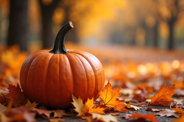 A vibrant orange pumpkin with a dark green stem sits amidst a bed of fallen autumn leaves, with a blurred background of trees and foliage in shades of orange and yellow.