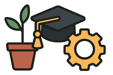 Growth and education for industry cartoon vector illustration featuring a plant, graduation cap, and gear