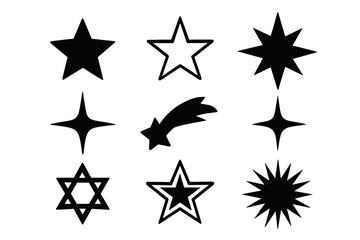 Obraz premium Various black star shapes and designs in a cartoon vector illustration icon isolated