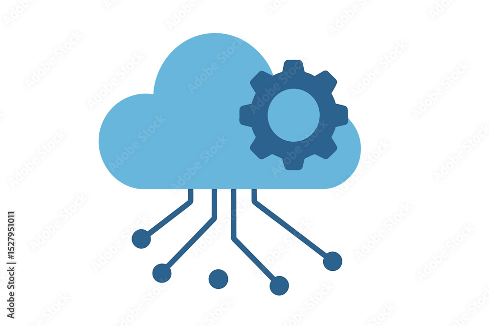 Poster cloud computing technology with gear and circuit, represents settings and data transfer in vector