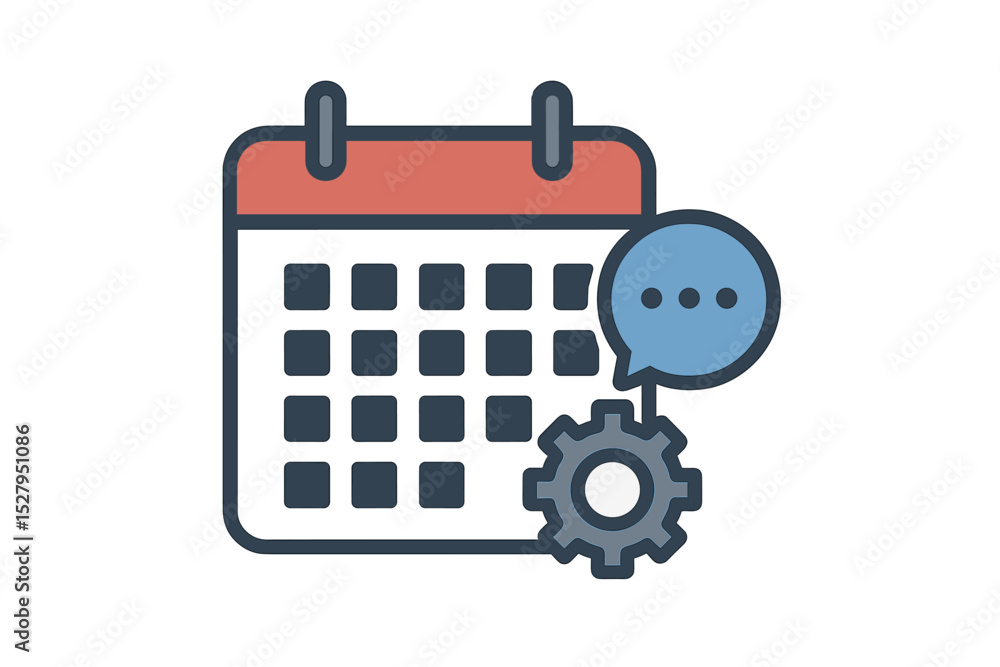 Poster calendar with gear and speech bubble represents setting up events and adjusting schedules