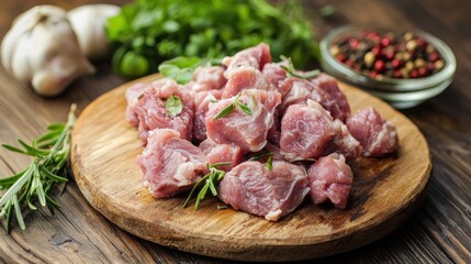 A wooden chopping board with raw meat and herbs on a rustic wooden table.