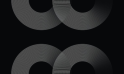 Minimalist abstract background featuring four interlocked circular line patterns in white over black. Modern, geometric design ideal for tech, music, or abstract-themed creative projects.
