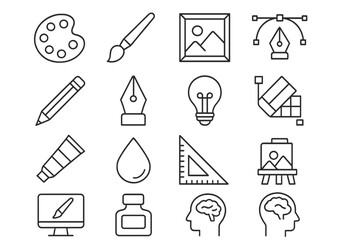 Vector line art art supplies and creative process icons including paint, pencil, and digital art tools