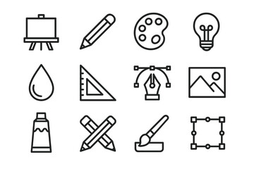 Fototapeta premium Collection of Various Art and Design Supplies in Minimalist Black Line Vector Style; Including Easel, Pencil, Paint and other Design Elements
