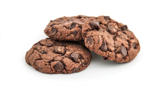 Three chocolate chip cookies with chocolate chips on a white background. - Powered by Adobe