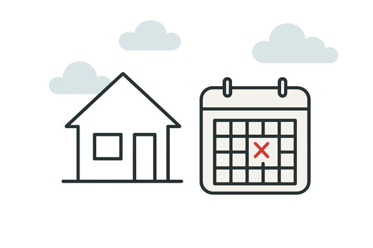 House closing date marked on calendar with red x under gray clouds vector icon