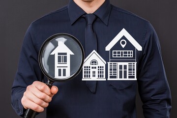 Businessman examines house icons through magnifying glass